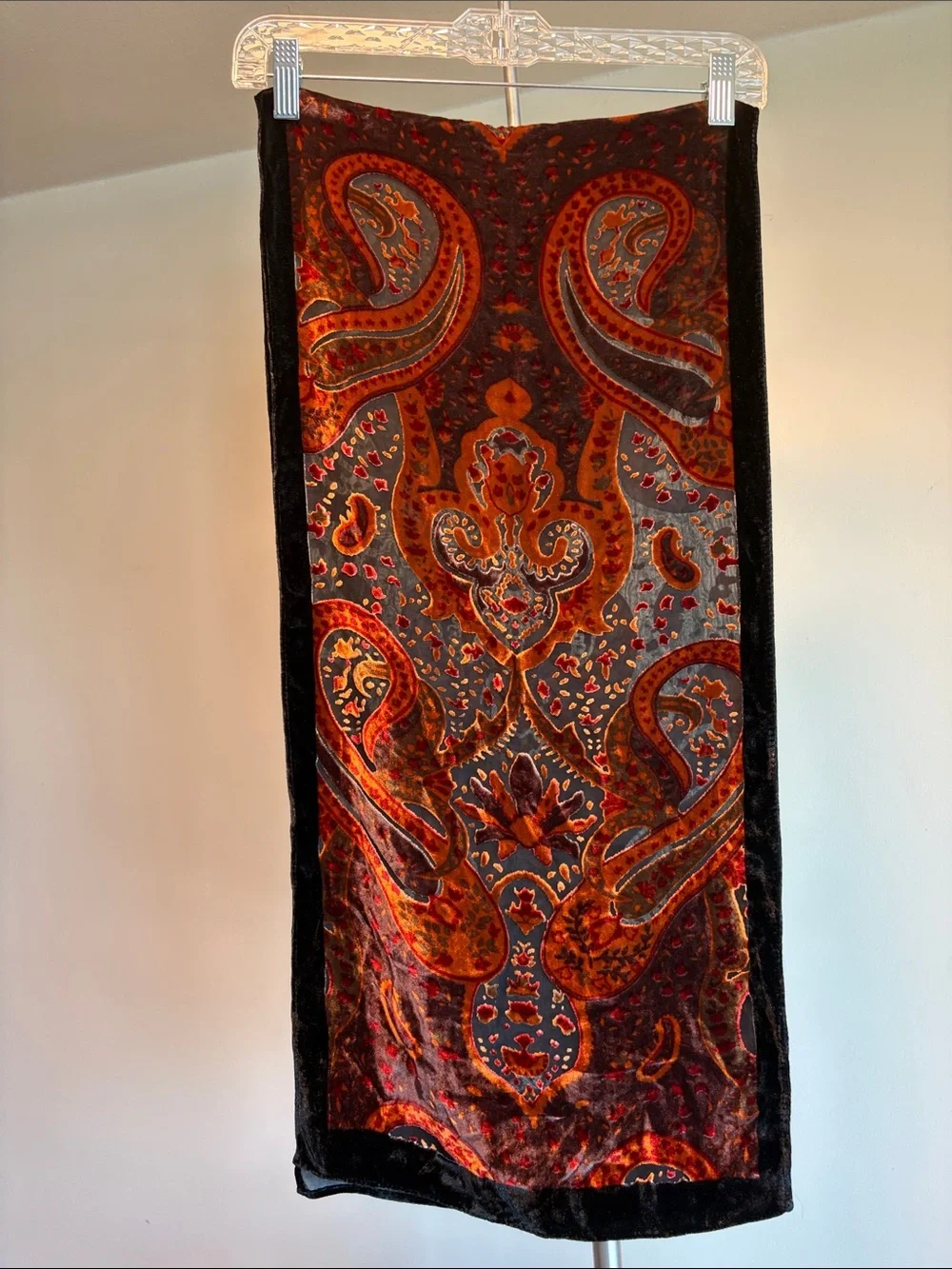 Vintage Devoré Silk Velvet Paisley Scarf – Rich Autumn Tones